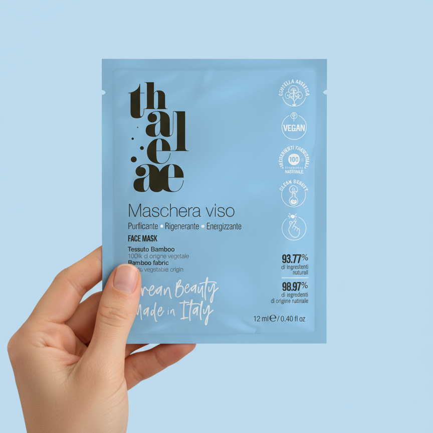 Maschera viso azzurra tenuta in mano